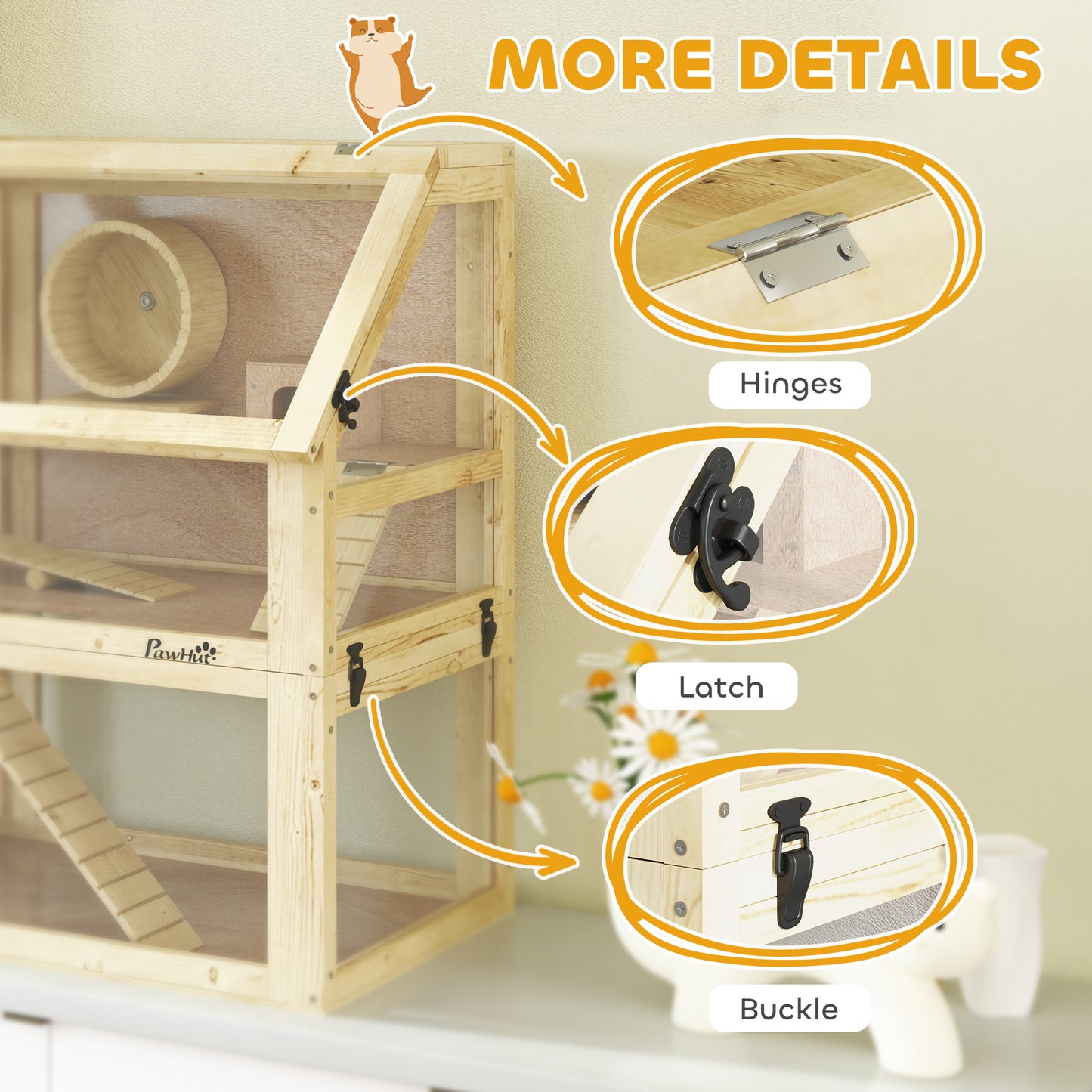 Wooden Hamster Cage with Detachable 32cm Deep Bottom, Hut, Seesaw, Exercise Wheel, Ramp, 60 x 40 x 75cm, Natural