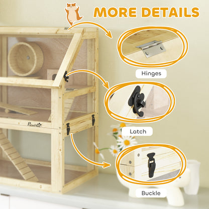 Wooden Hamster Cage with Detachable 32cm Deep Bottom, Hut, Seesaw, Exercise Wheel, Ramp, 60 x 40 x 75cm, Natural