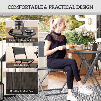 3 Pieces Outdoor Bistro Set, Glass Top Outdoor Table and 2 Folding Chairs with Protecting Feet, Black