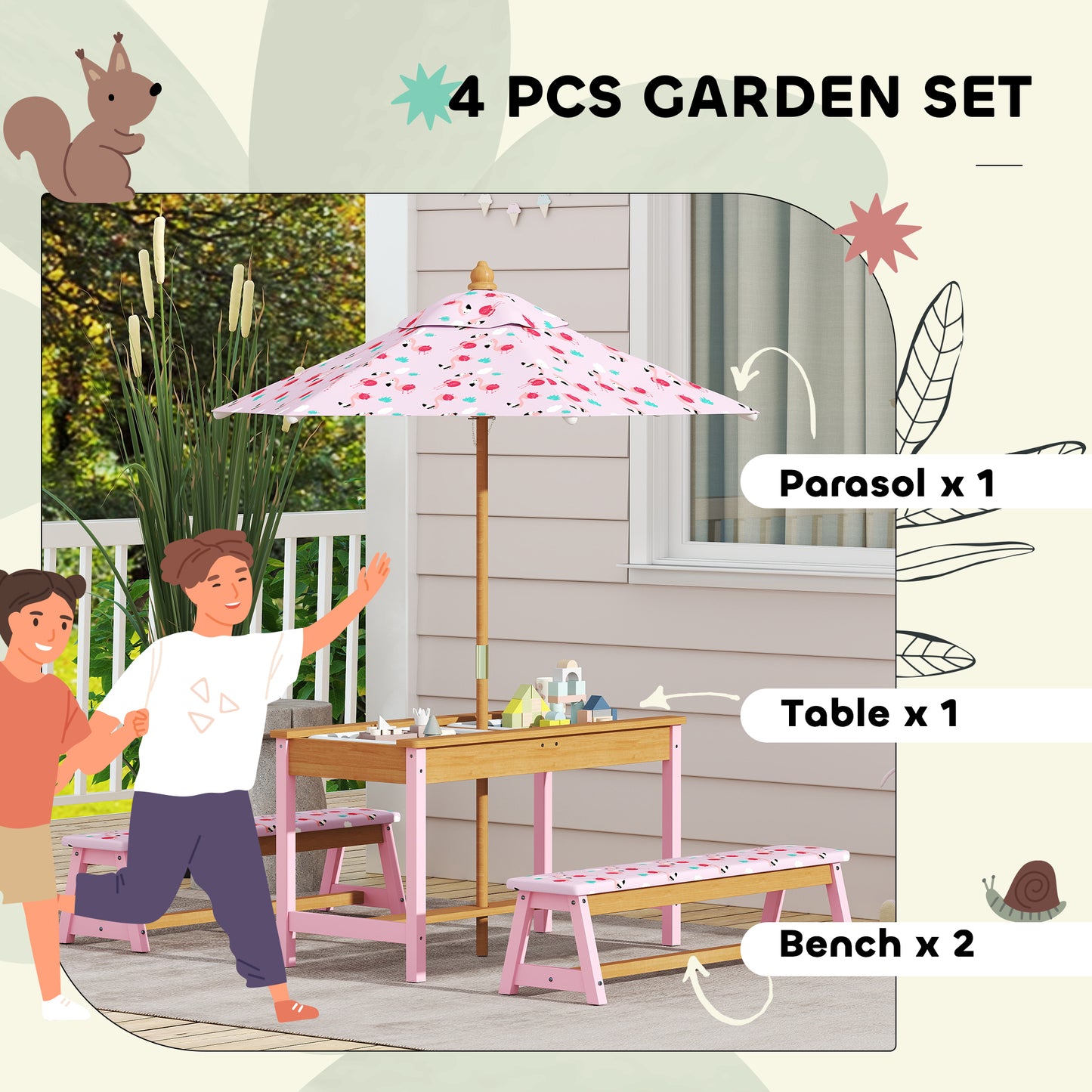 Kids Picnic Table Set with Removable & Foldable Umbrella, Storage Boxes, Flamingo Theme, Pink