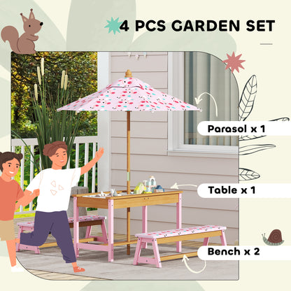Kids Picnic Table Set with Removable & Foldable Umbrella, Storage Boxes, Flamingo Theme, Pink