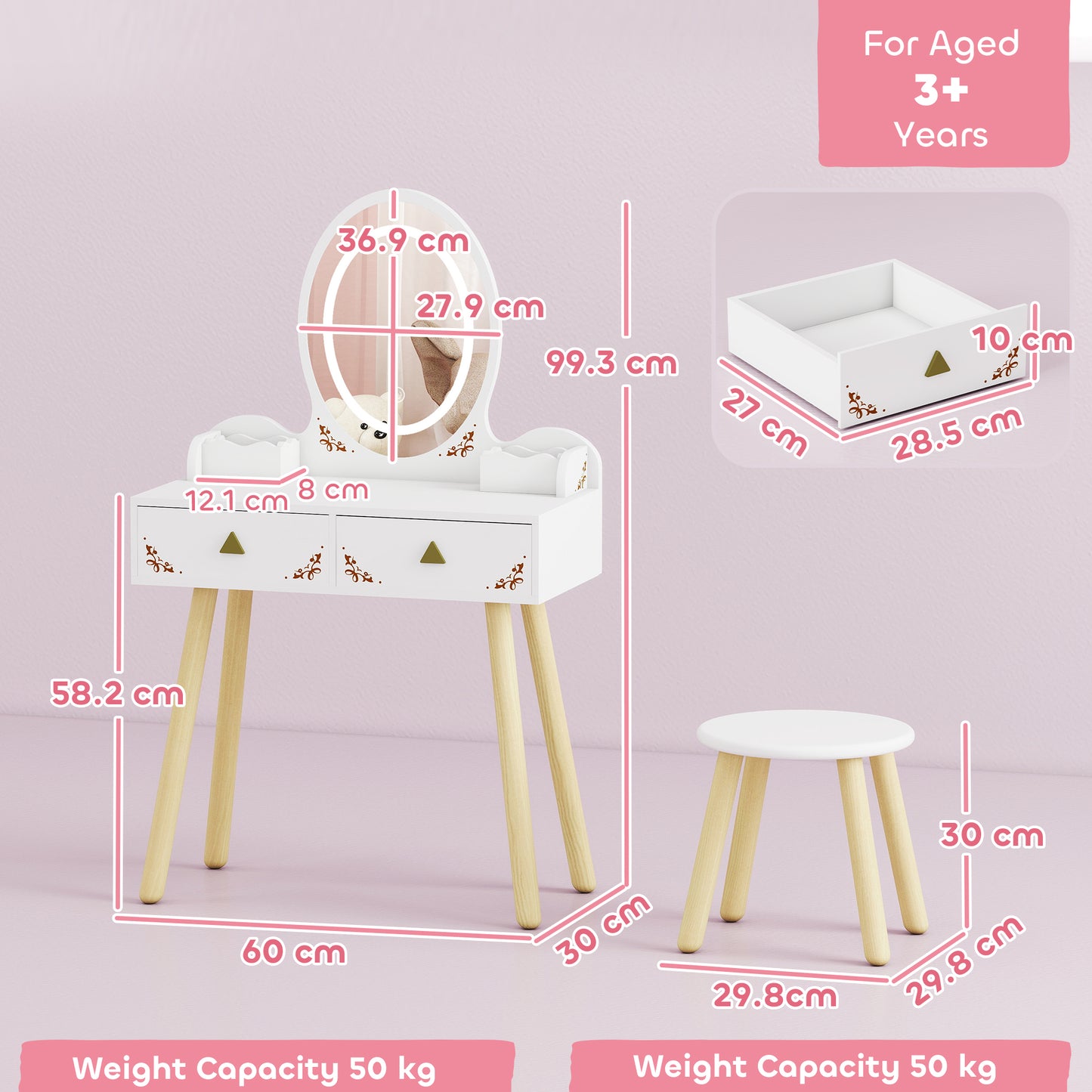 Kids Vanity Table and Chair Set with 3-Colour LED Lights Mirror, Drawer, Storage Boxes, for 3+ Years, White