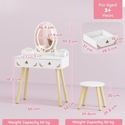 Kids Vanity Table and Chair Set with 3-Colour LED Lights Mirror, Drawer, Storage Boxes, for 3+ Years, White