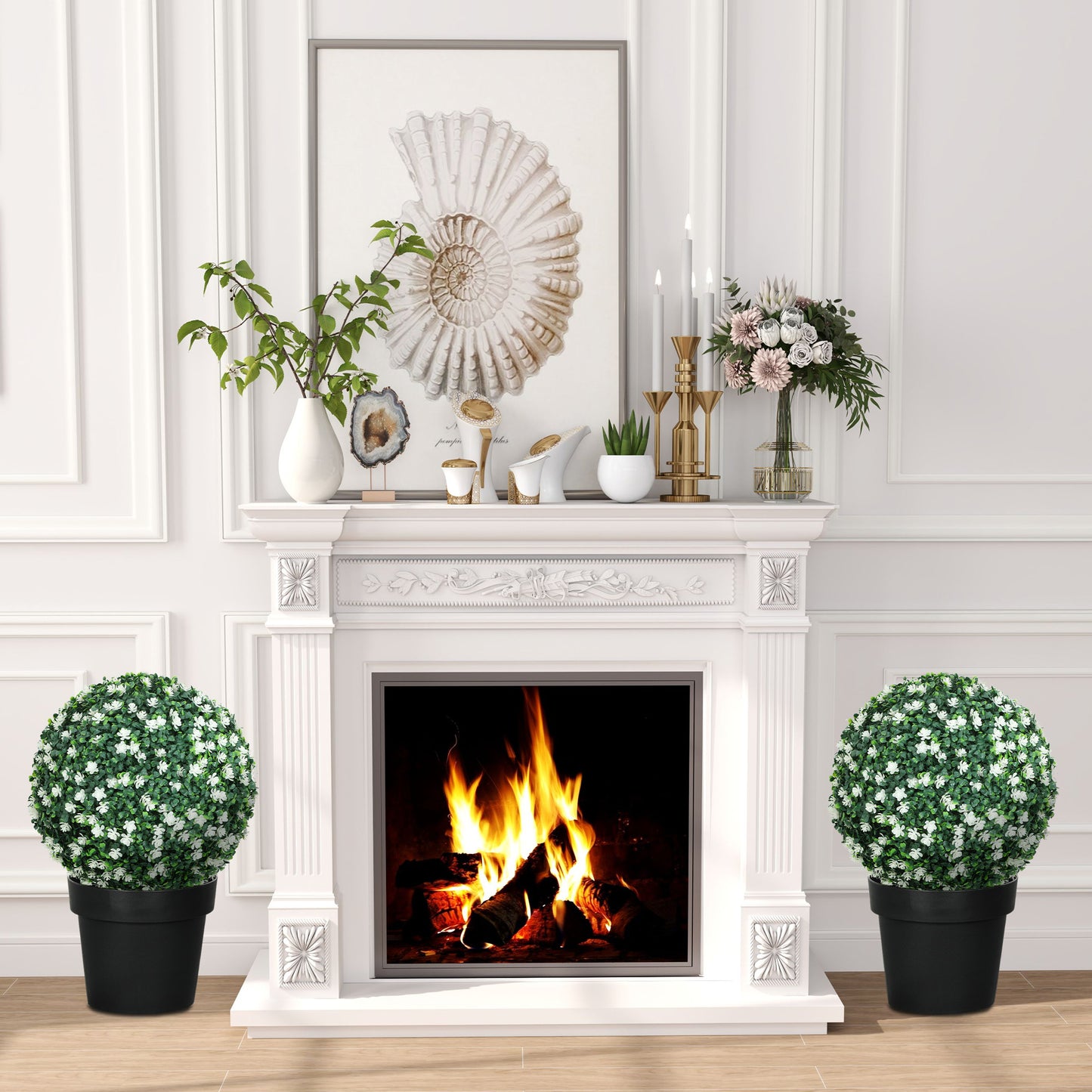 Set of Two Artificial Boxwood Balls Plants - White