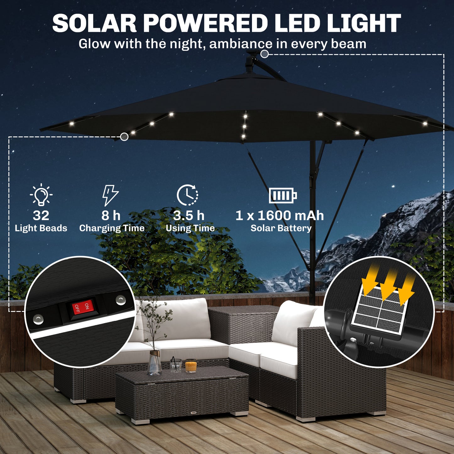 3 m Cantilever Parasol with Solar LED Lights Garden Umbrella with Cross Base, Black