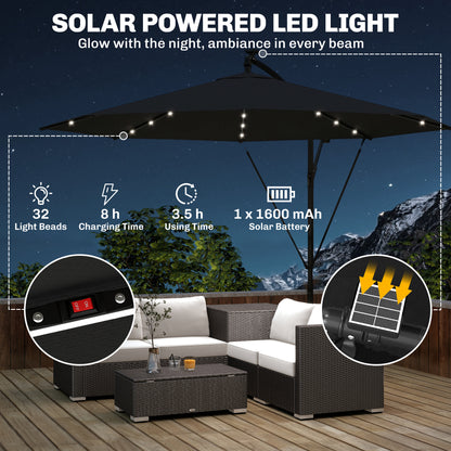 3 m Cantilever Parasol with Solar LED Lights Garden Umbrella with Cross Base, Black