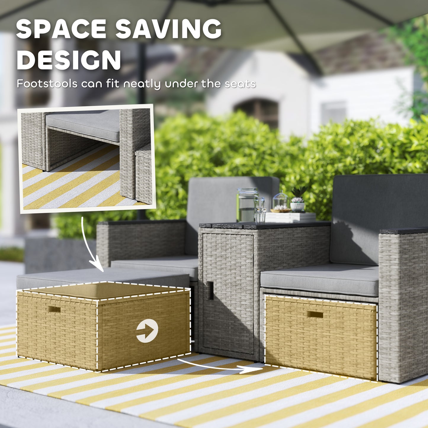 5 Piece Rattan Garden Furniture Set with Storage Table, Footstools, Cushions, Grey
