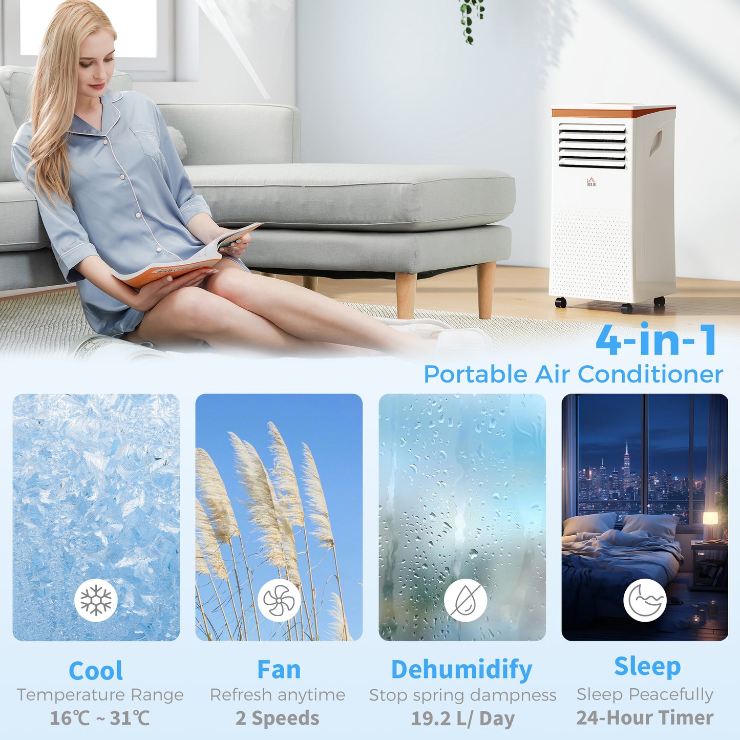 Portable Air Conditioner 7000 BTU, 4-in-1 Air Conditioning Unit with Cooling, Fan, 19.2L/Day Dehumidifier & Sleep Mode