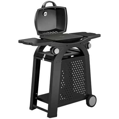 2 Burner Gas Grill with 2 Side Tables, 3.8 KW Barbecue Grill with Cast Iron Grates, 2-in-1 Tabletop BBQ with Wheels