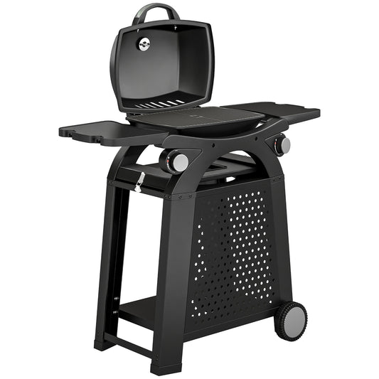 2 Burner Gas Grill with 2 Side Tables, 3.8 KW Barbecue Grill with Cast Iron Grates, 2-in-1 Tabletop BBQ with Wheels