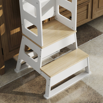 2-in-1 Toddler Tower with Chalkboard, Safety Rail for Kitchen, Counter, Bathroom, Sink, White