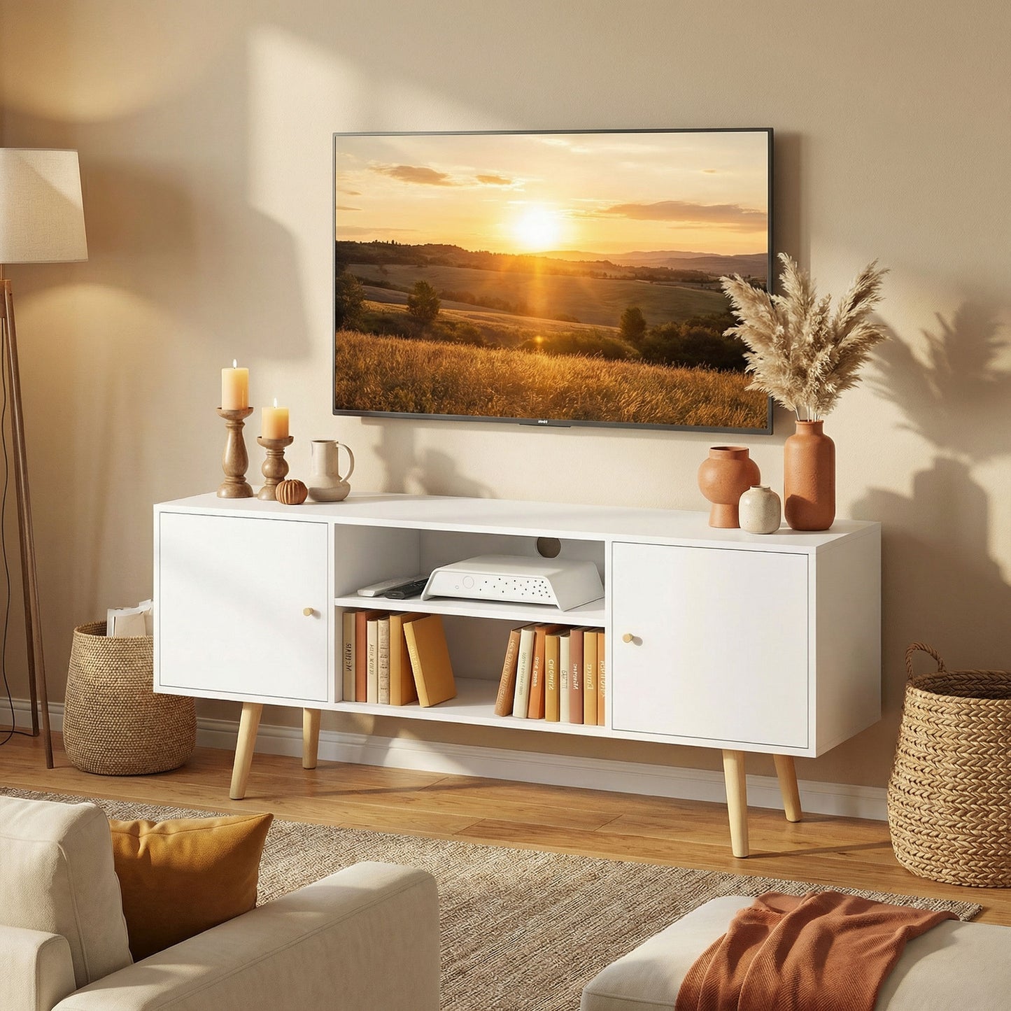 TV Stand Cabinet up to 55 Inches, TV Unit with Storage Shelves and Wood Legs for Living Room, Bedroom, White