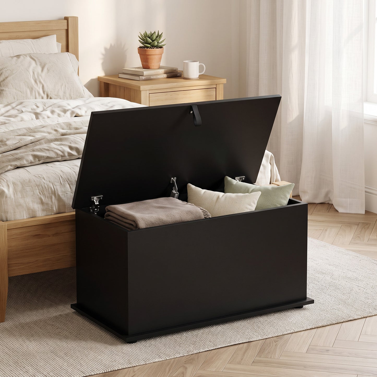 Storage Chest, 102L Blanket Box, Shoe Bench with Safety Hinged Lid, Bed End Bench for Bedroom, 80 x 40 x 45cm, Black