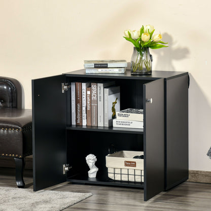 2 Tier Bookcase, Wooden Storage Cabinet with 2 Doors, Freestanding Sideboard for Living Room, Home Office and Study, Black