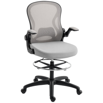 Adjustable Mesh Standing Desk Chair with Flip-up Armrests Lumbar Support Armrests Adjustable Footrest Ring Grey