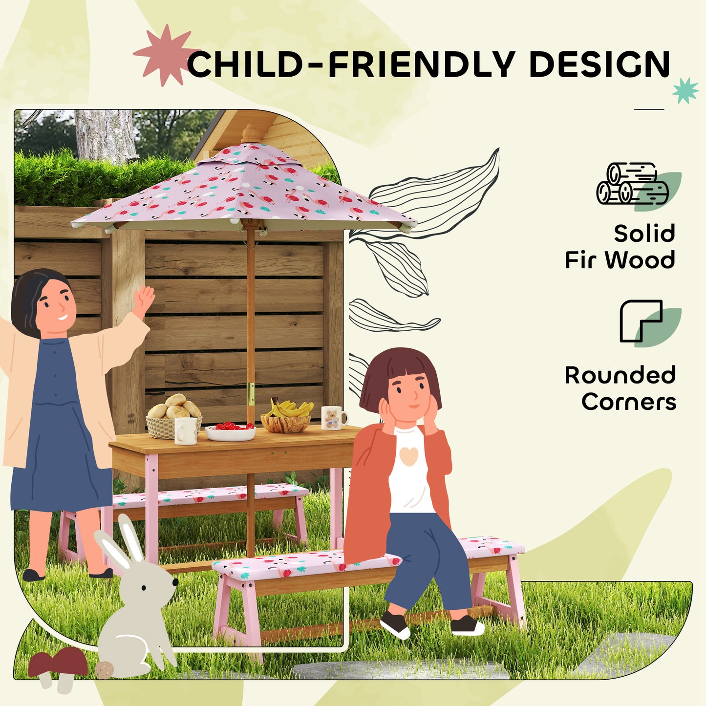 Kids Picnic Table Set with Removable & Foldable Umbrella, Storage Boxes, Flamingo Theme, Pink