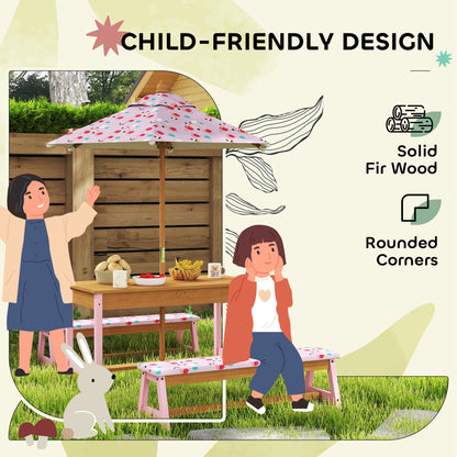 Kids Picnic Table Set with Removable & Foldable Umbrella, Storage Boxes, Flamingo Theme, Pink