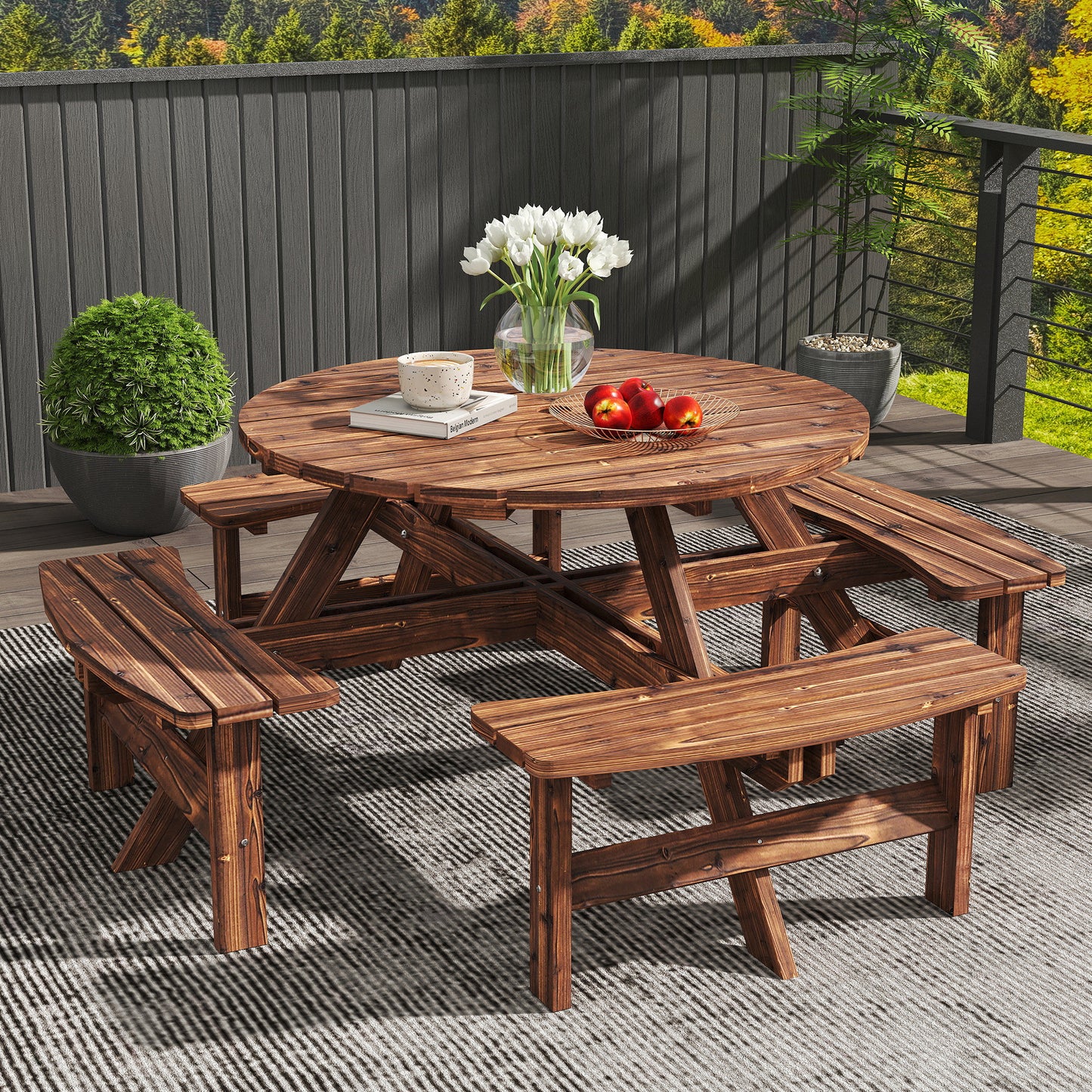 Wooden Garden Dining Set, 8 Seater Patio Furniture Set with Round Picnic Table, Parasol Hole for Outdoor Garden, Tan