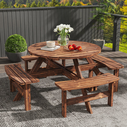 Wooden Garden Dining Set, 8 Seater Patio Furniture Set with Round Picnic Table, Parasol Hole for Outdoor Garden, Tan