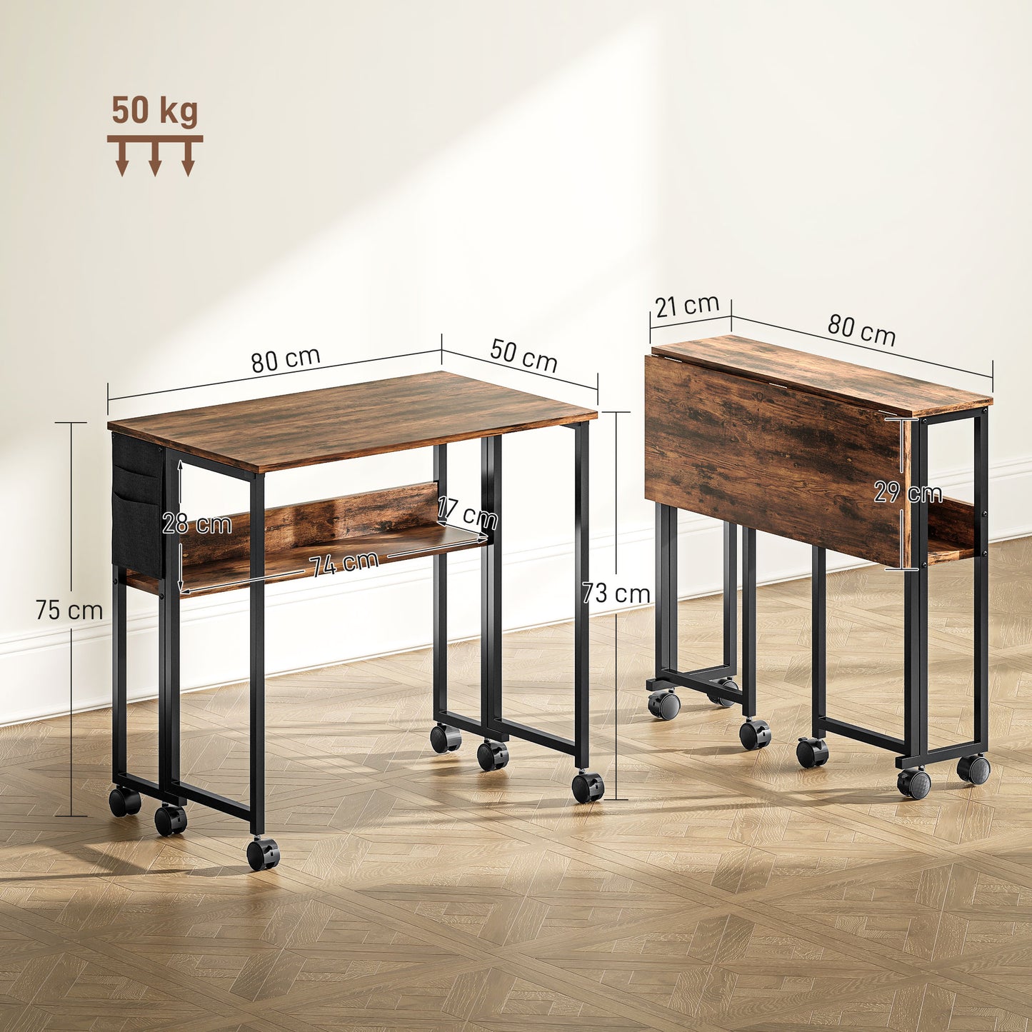 80 cm Drop Leaf Writing Work Desk - Rustic Brown