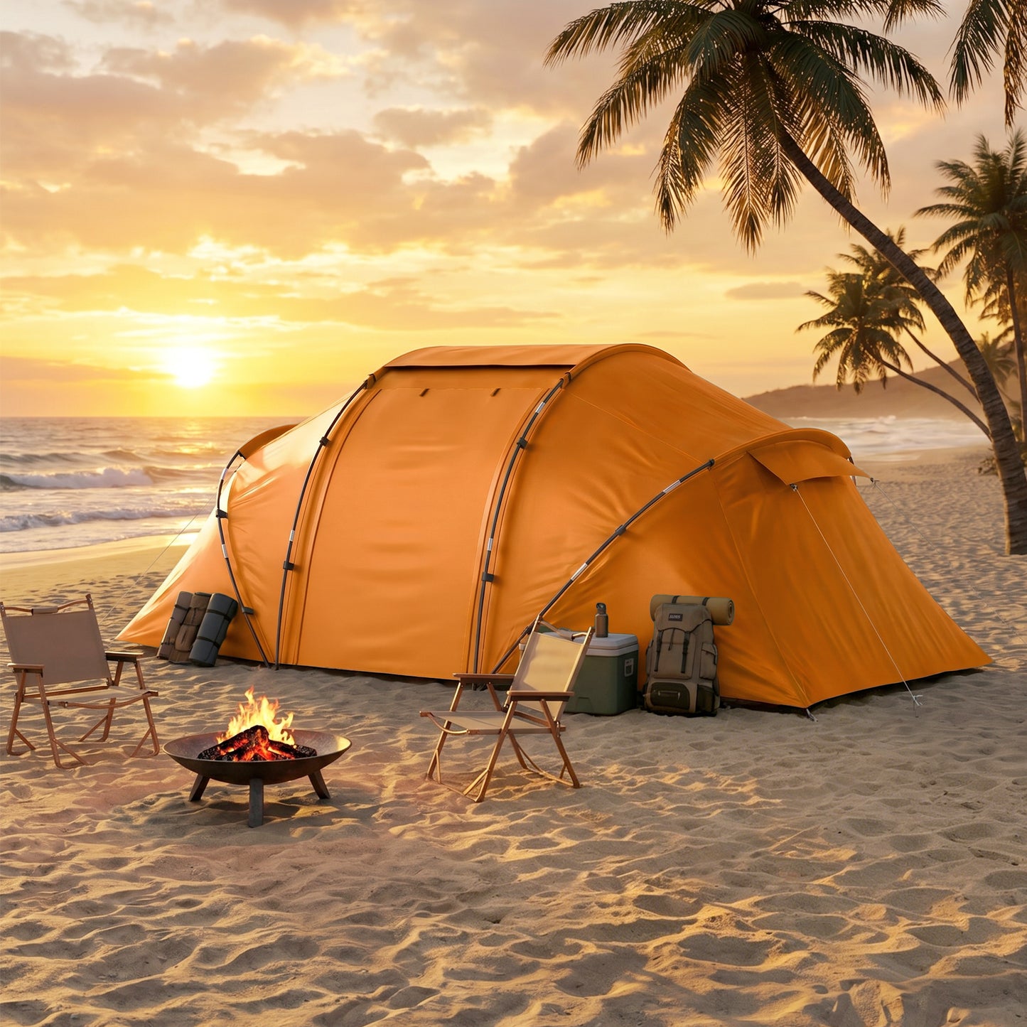 4 Man Camping Tent, UV Protection Tunnel Tent with 2 Bedrooms and Living Area, Large Hiking Sun Shelter, 430 x 240 x 170 cm