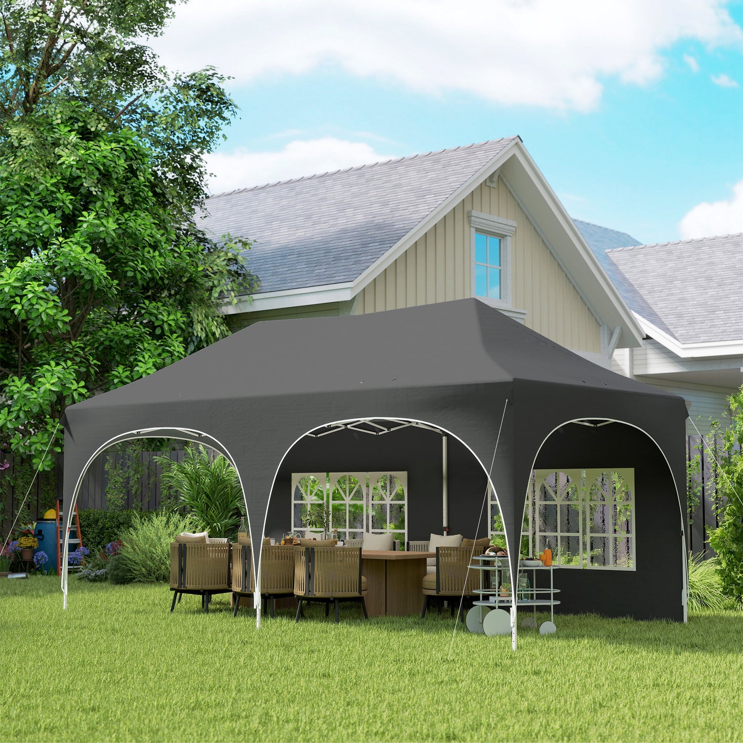 3 x 6m Pop Up Gazebo Shelter with Sides, 6 Sandbags, Peak Top Garden Party Tent Marquee with Carry Bag, Dark Grey