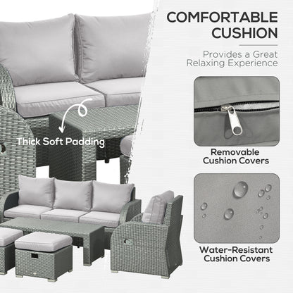Six-piece Outdoor Rattan Dining Set, Outdoor Sofa Set with Reclining Armchairs and Mental Frame, Grey