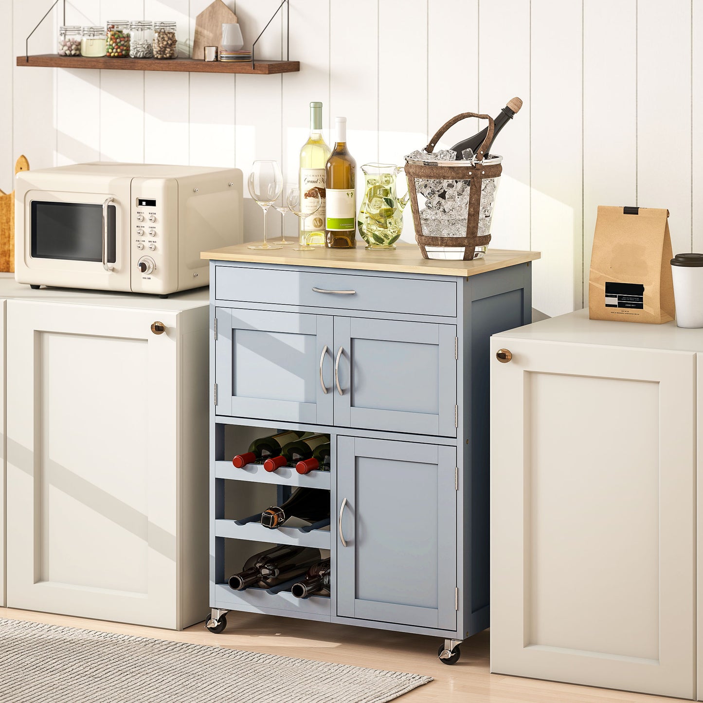 Modern Kitchen Trolley, Rolling Island Storage Cart with Drawer, 9-bottle Wine Rack, Door Cabinets, Wooden Countertop, Grey