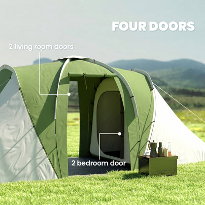 Large Camping Tent Tunnel Tent with 2 Bedroom and Living Area, 2000mm Waterproof, Portable with Bag for 4 Man, Green
