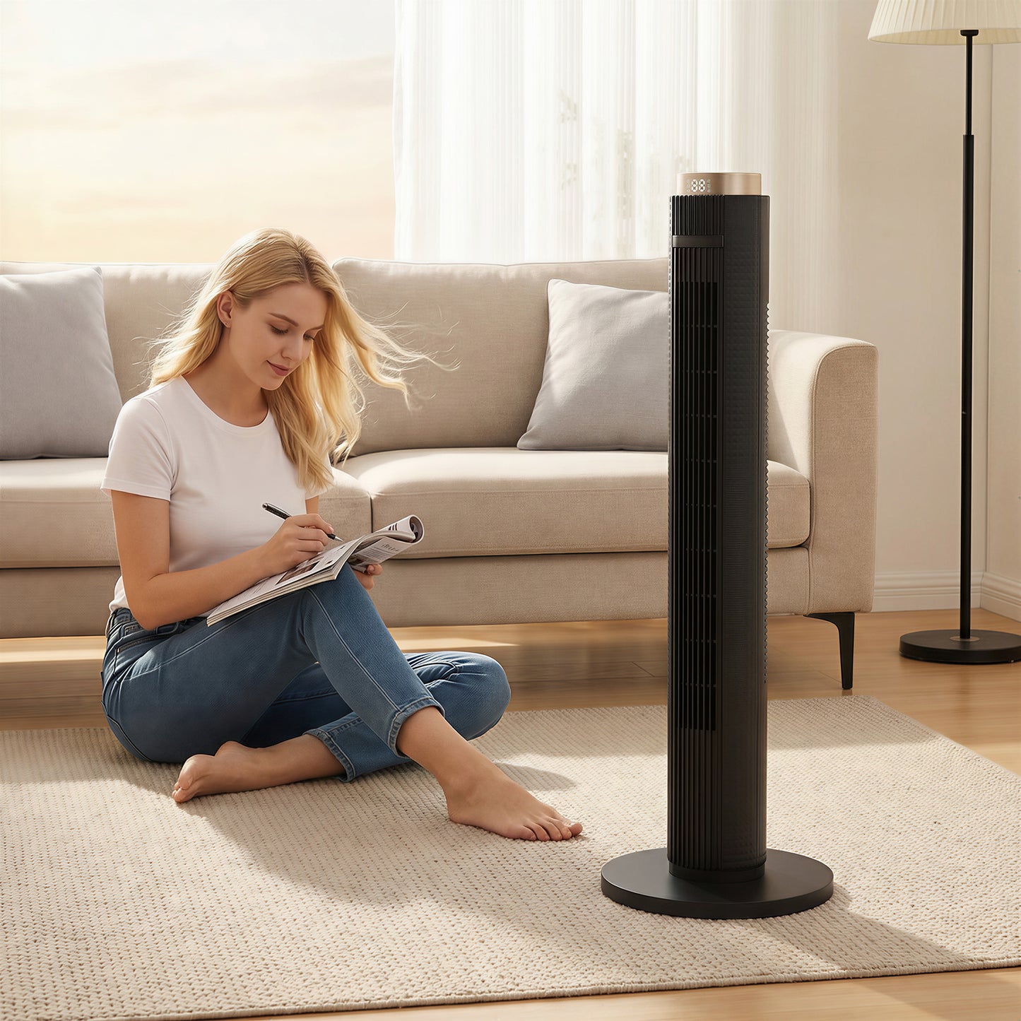 Tower Fan with WiFi App Control, Standing Floor Fan with 3 Speed 4 Modes, 12 Hour Timer and Night Light Black