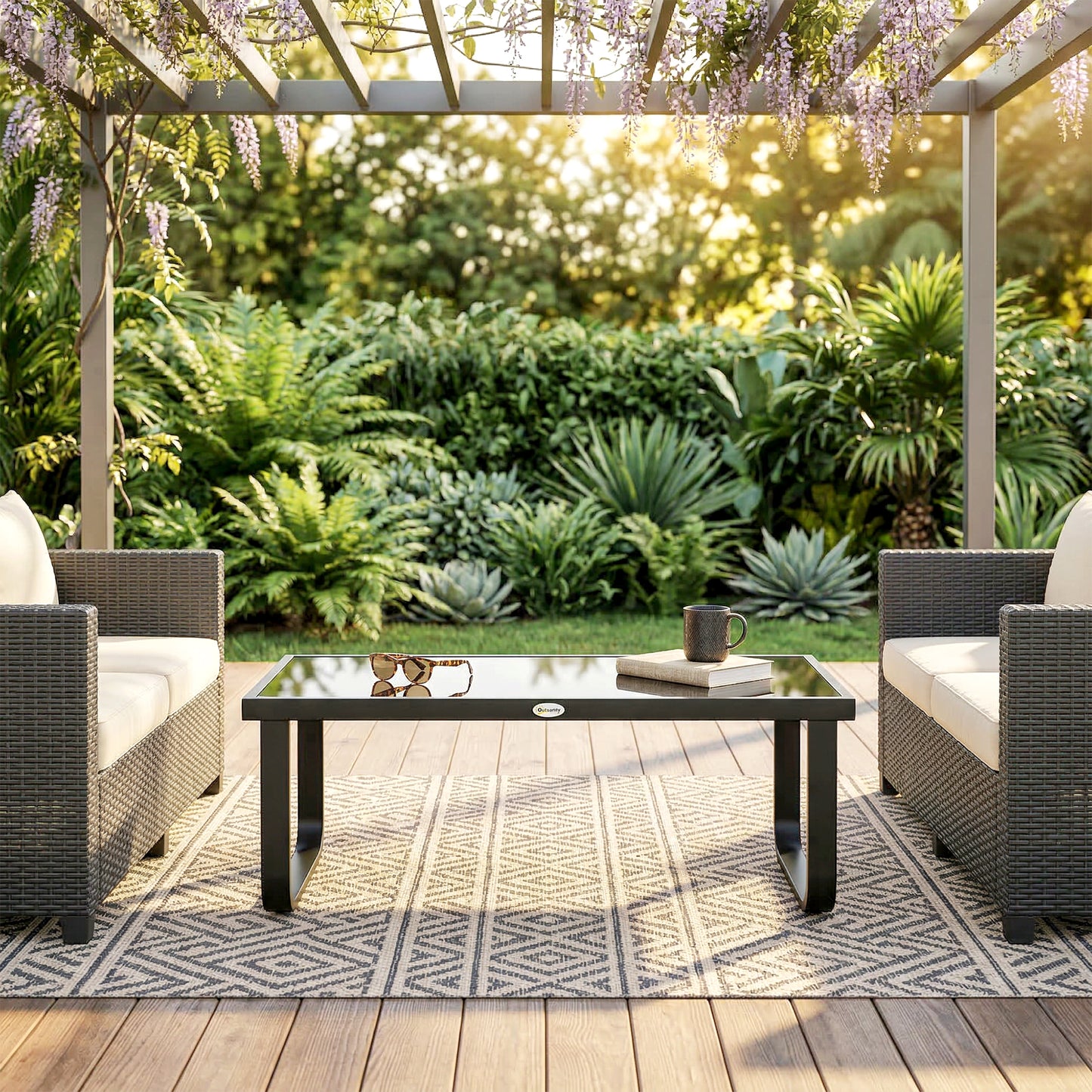 Outdoor Garden Coffee Table, Rectangle Metal Side Table with Tempered Glass Tabletop, Adjustable Foot Pads