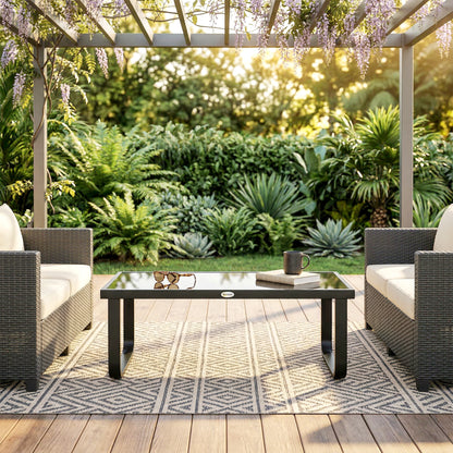 Outdoor Garden Coffee Table, Rectangle Metal Side Table with Tempered Glass Tabletop, Adjustable Foot Pads