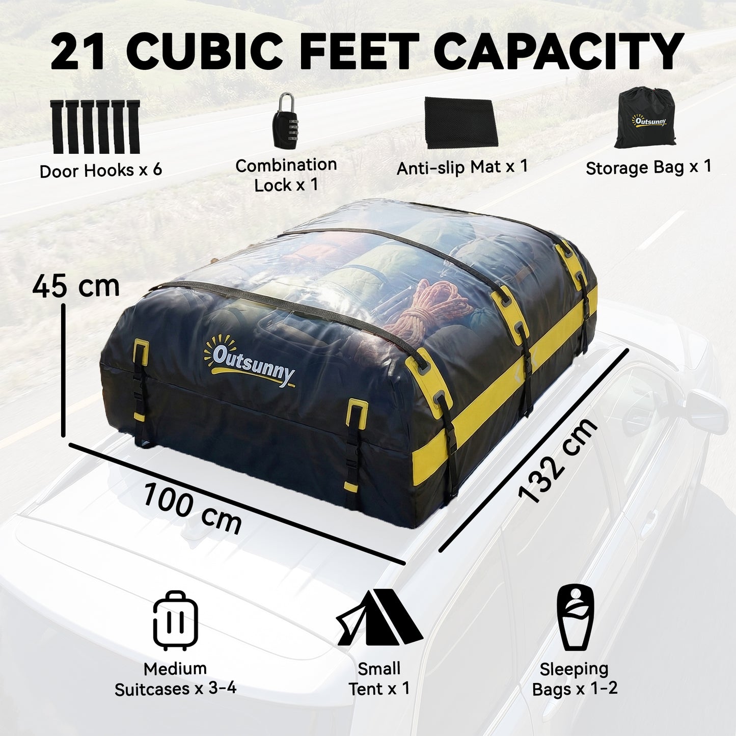 Car Roof Bag, 21 Cubic Feet Waterproof Soft Car Roof Box Roofing Cargo Carrier w/ Reflective Arrows, Door Hooks, Yellow