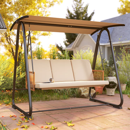 3 Seater Swing Chair with Adjustable Canopy, 360 kg Garden Swing Seat Outdoor Hammock Bench with Cushions, Sand Brown