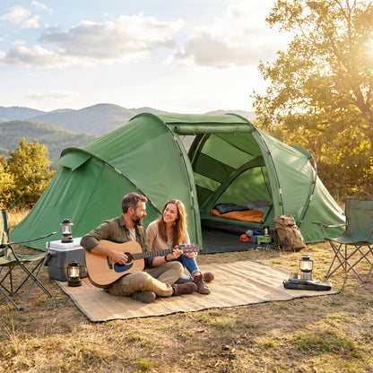 4 Man Camping Tent, UV Protection Tunnel Tent with 2 Bedrooms and Living Area, Large Hiking Sun Shelter, 430 x 240 x 170 cm