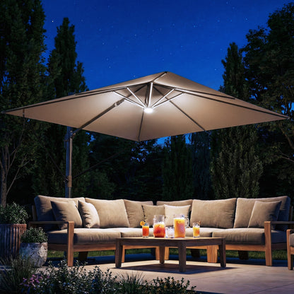 3 x 3 m Garden Cantilever Parasol with Light, Umbrella with Wind Protection, 360° Rotation, Khaki