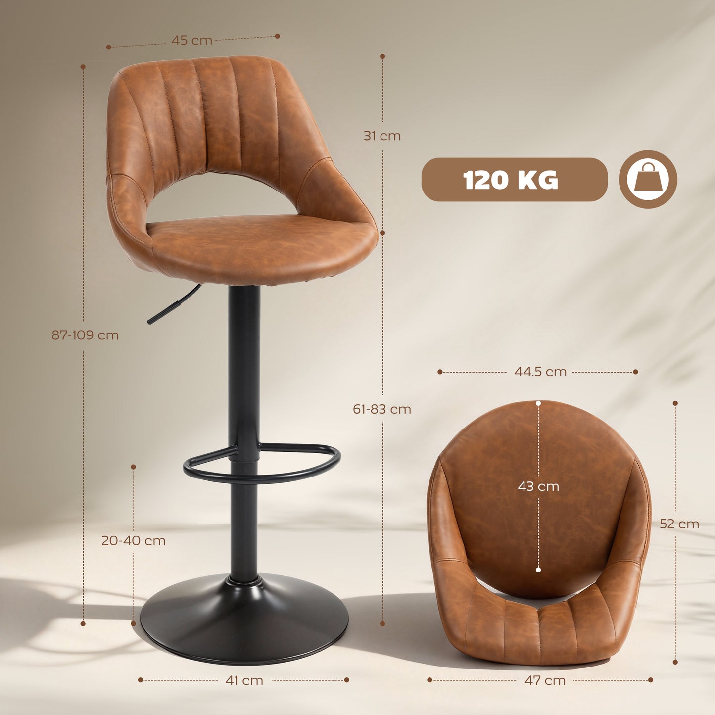 Bar Stools Set of 2, PU Leather Swivel Barstools with Backrest and Footrest for Kitchen, Counter, Breakfast Bar, Brown