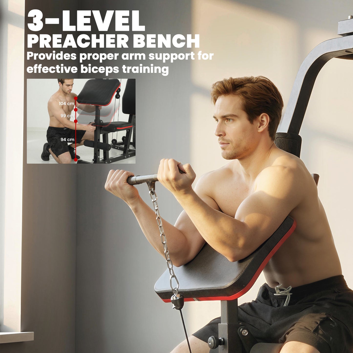 Home Multi Gym Smith Machine with 65kg Weight Stack, Cable Pulley System, Chest Station, Preacher Pad & Leg Developer