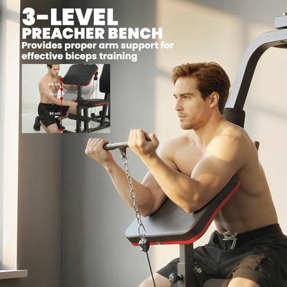 Home Multi Gym Smith Machine with 65kg Weight Stack, Cable Pulley System, Chest Station, Preacher Pad & Leg Developer