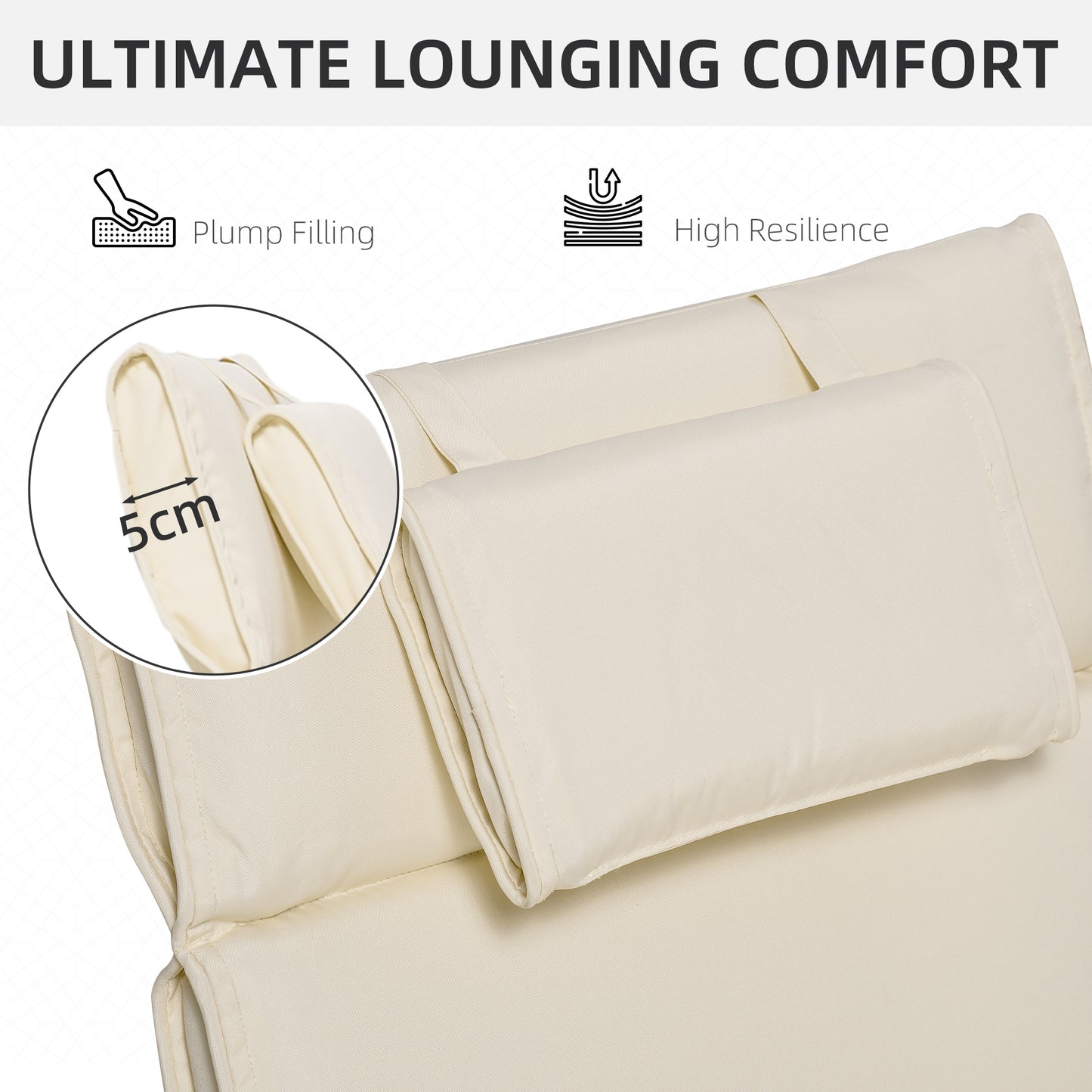 Garden Sun Lounger Cushion Replacement Soft Sunbed Reclining Chair Relaxer Pad with Pillow, Cushion ONLY - Cream White