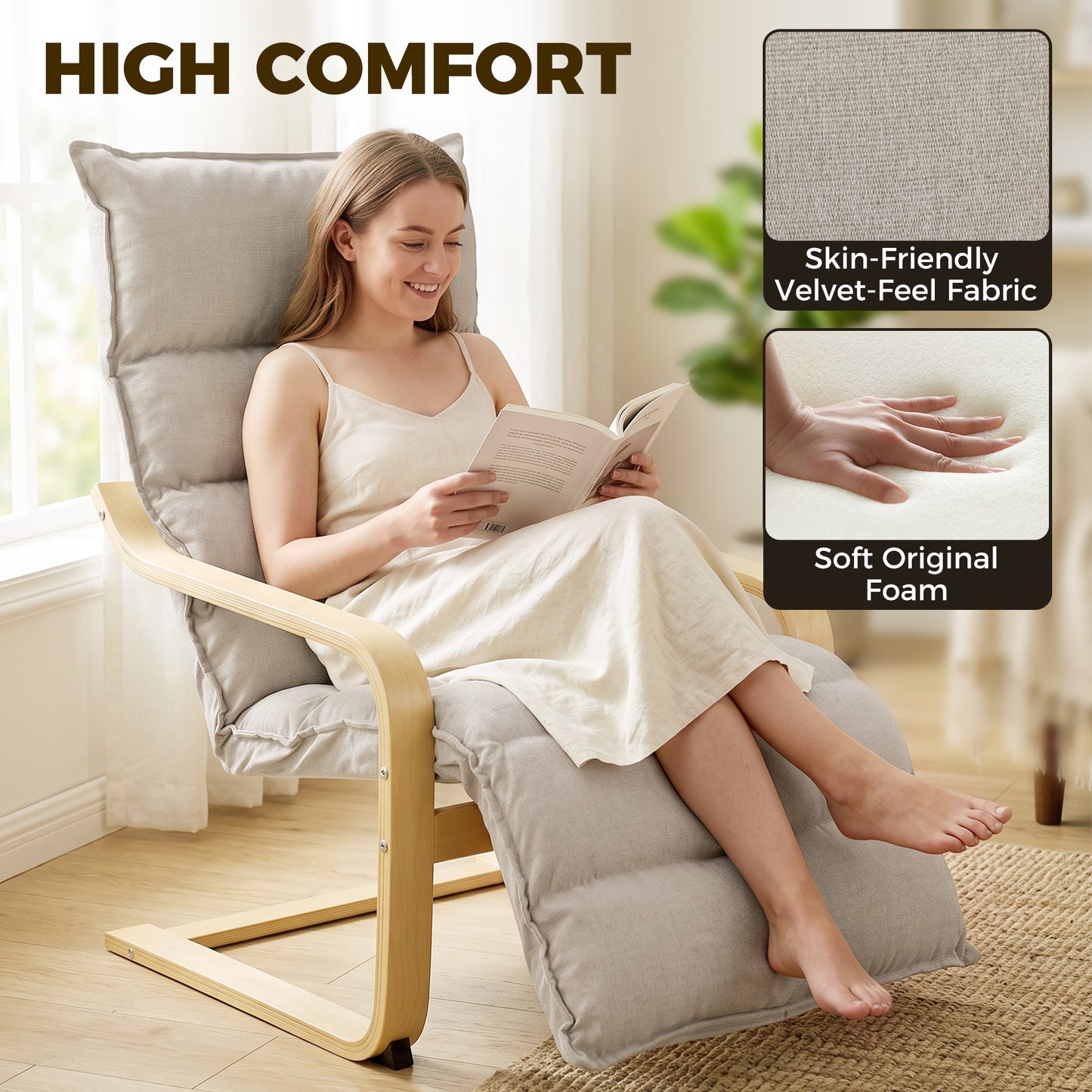 Curved Wooden Accent Chair, Armchair with Adjustable Footrest, Light Brown