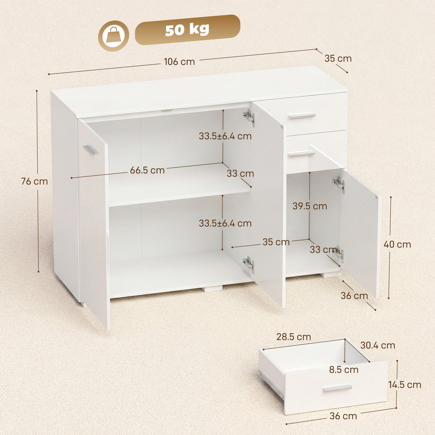 Sideboard, Modern Storage Cabinet with 2 Drawers, 3 Doors and Adjustable Shelves, High Gloss White
