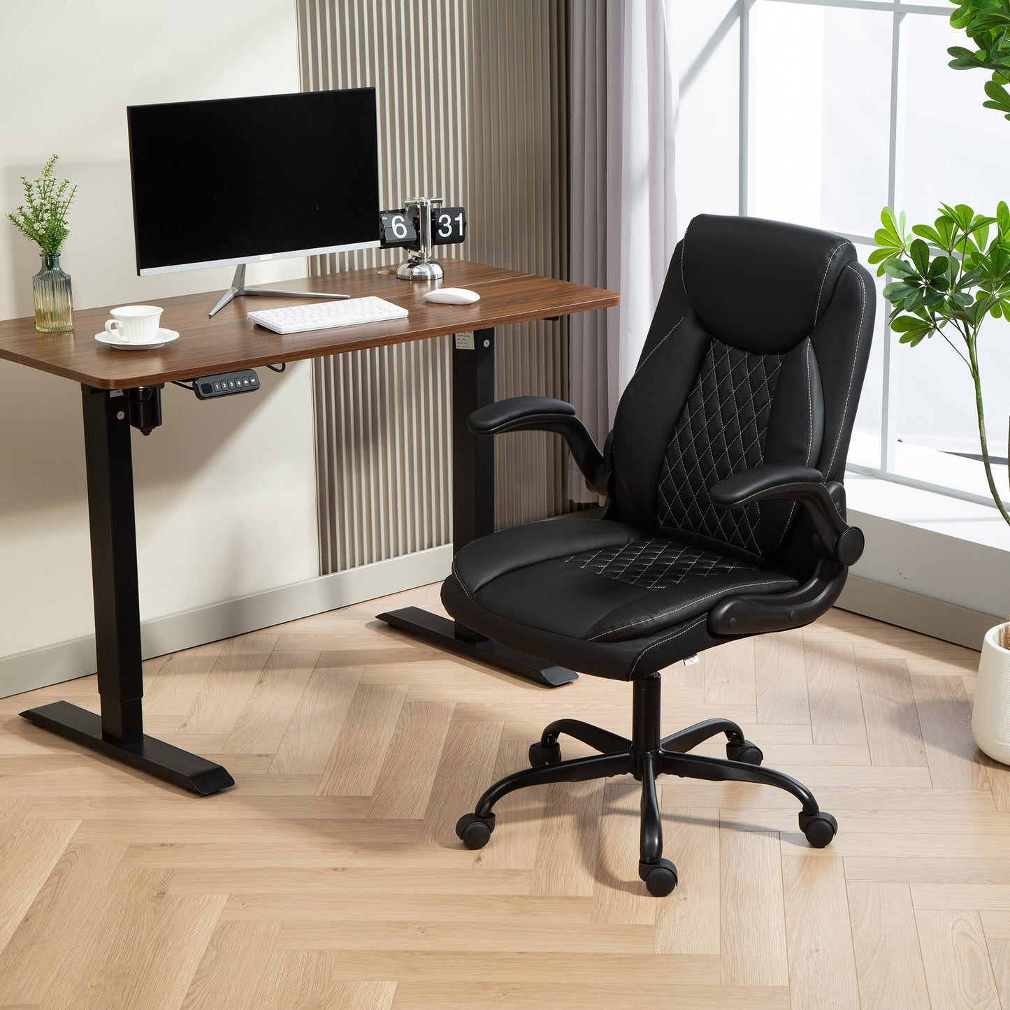 Faux Leather Office Chair. with Flip-Up Armrests - Black
