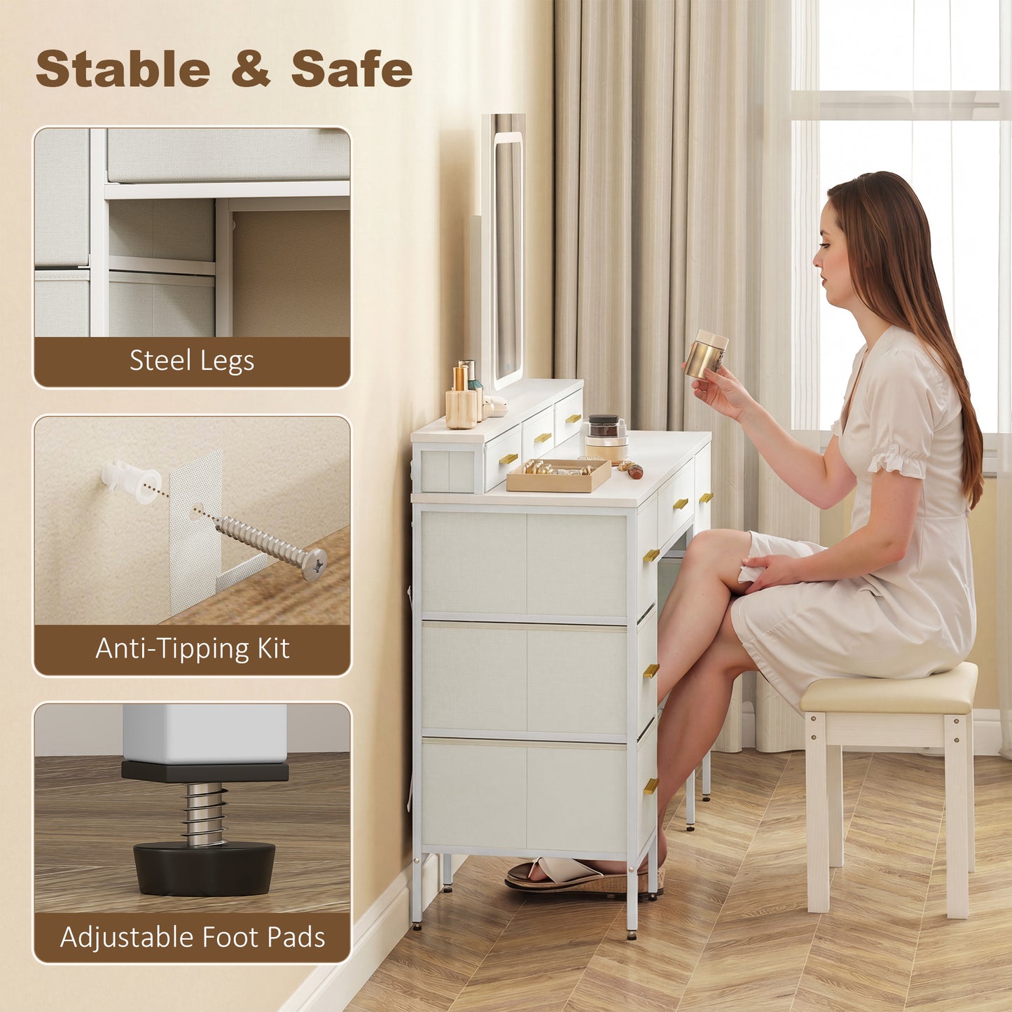 Multi-Storage Elegant Dressing Table, with LED Mirror - White