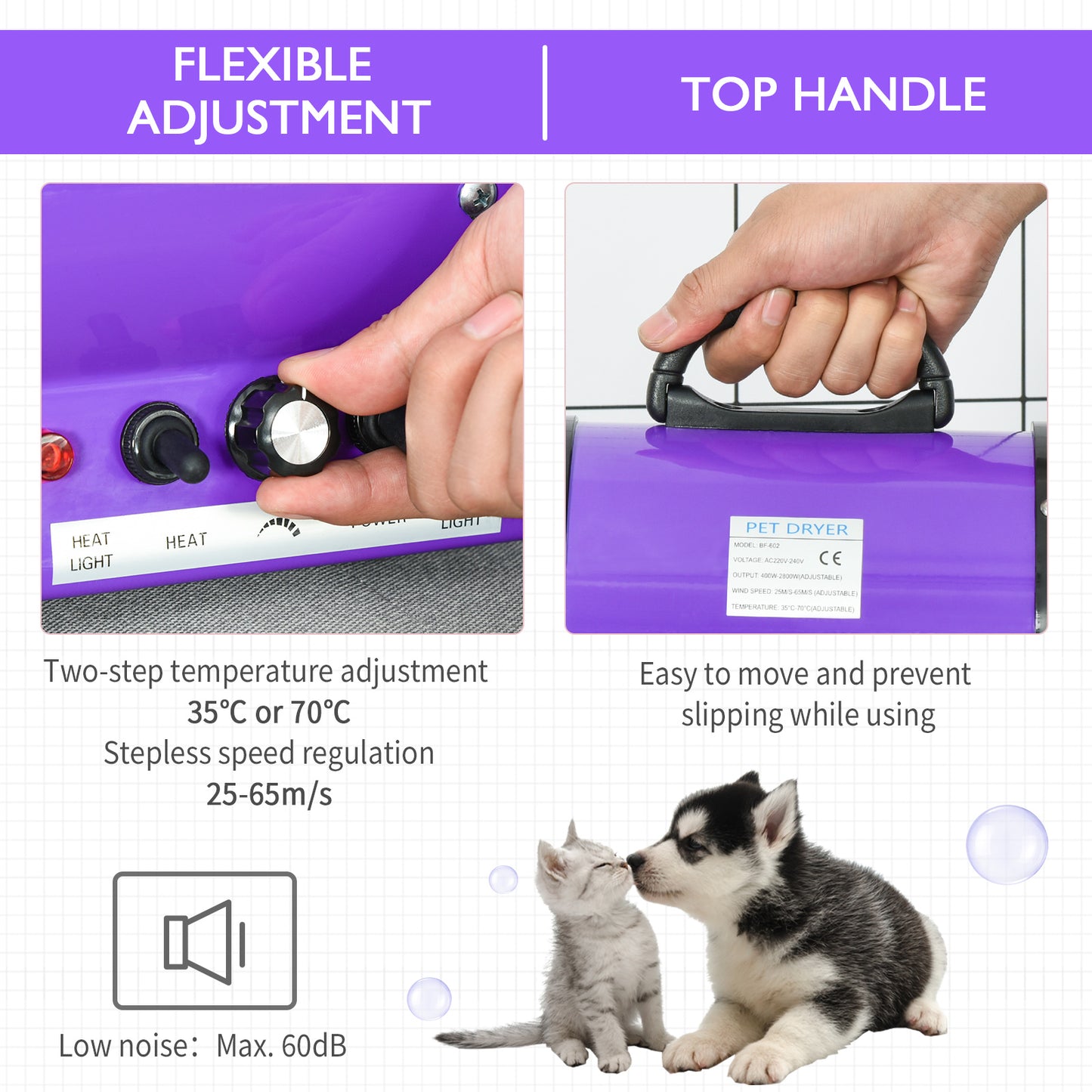 Dog Hair Dryer Pet Grooming Blaster Dryer Blower Adjustable Temperature Speed with 2.1M Flexible Hose 3 Nozzles - Purple