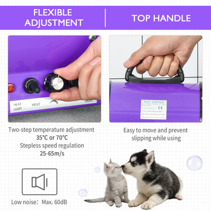 Dog Hair Dryer Pet Grooming Blaster Dryer Blower Adjustable Temperature Speed with 2.1M Flexible Hose 3 Nozzles - Purple
