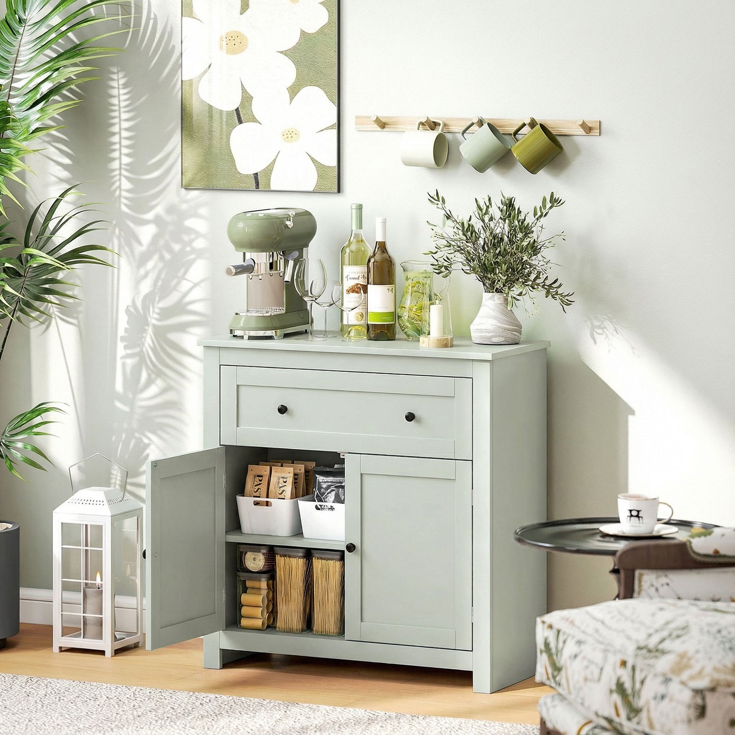 Sideboard Storage Cabinet, Modern Kitchen Cupboard with Adjustable Shelf, Drawer and Double Doors, Green