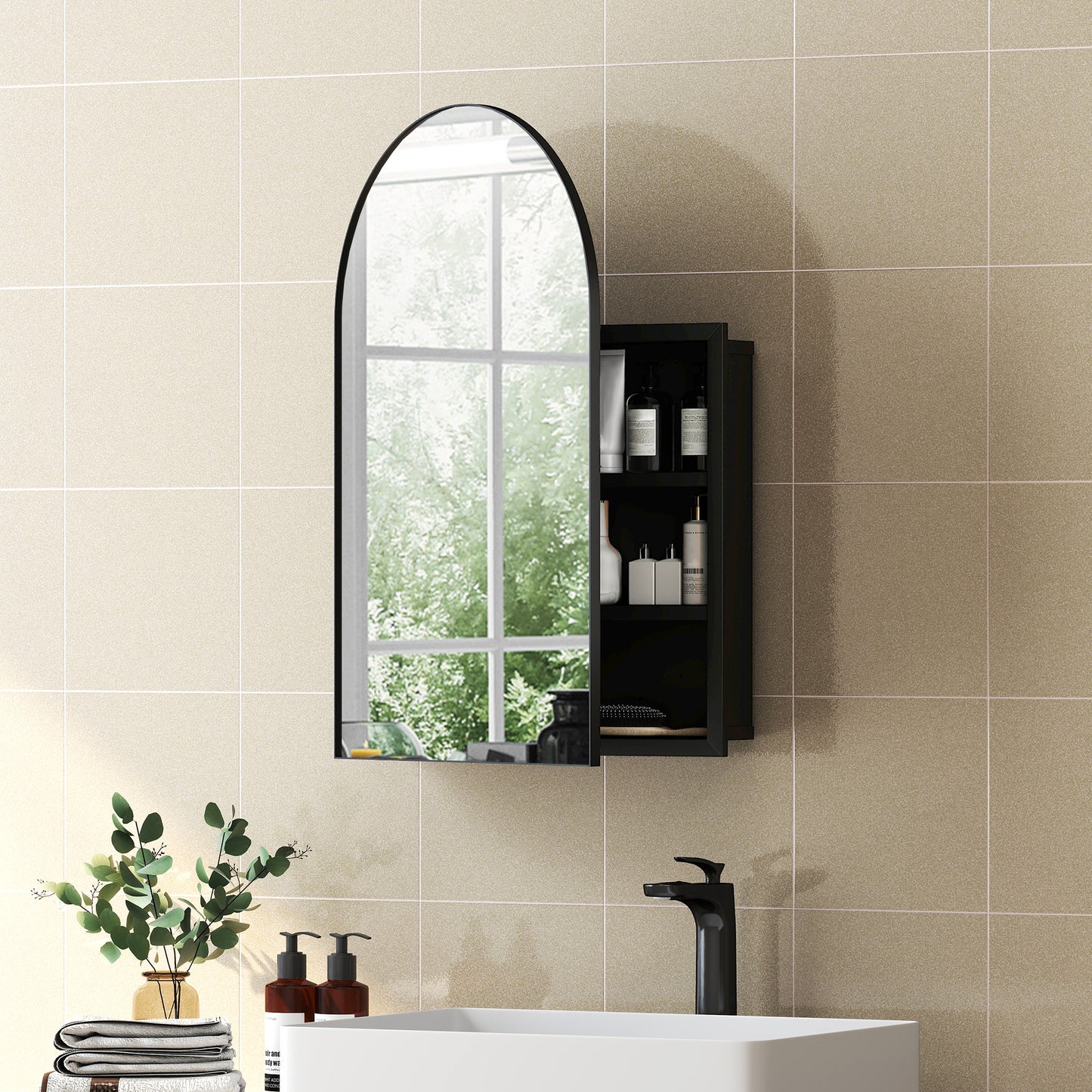 Bathroom Mirror Cabinet with Mirror, Arched Wall Mounted Bathroom Cabinet with Storage Shelves, Black