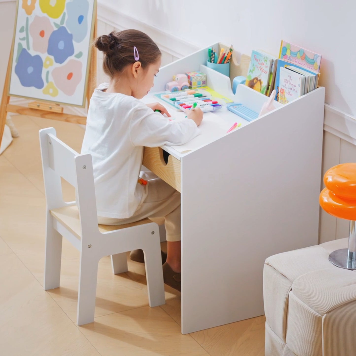 Kids Desk and Chair Set 2 Pieces Children Study Table with Storage Pull-Out Drawer Bookshelf for 3-6 Years Writing, Reading