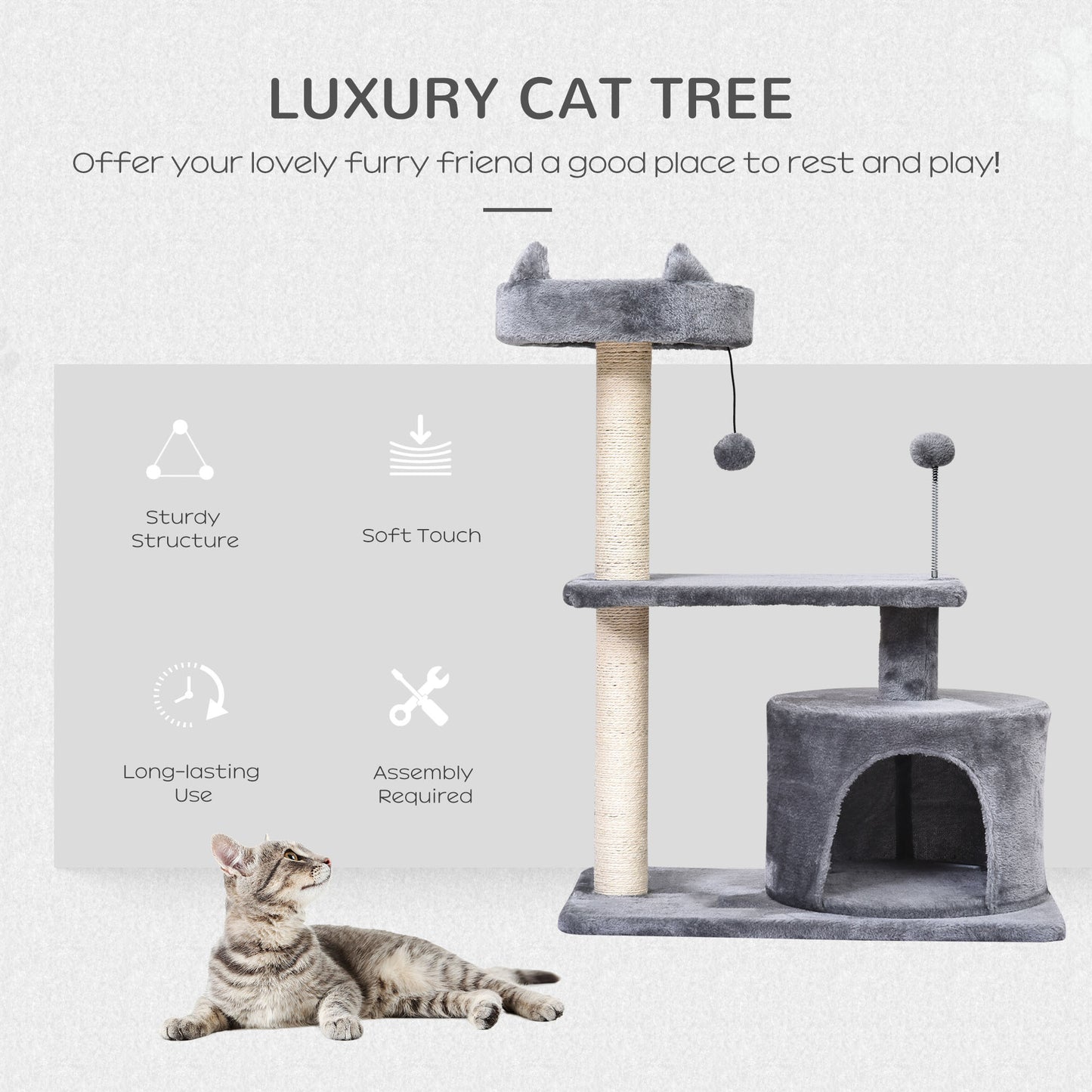 Cat Tree for Indoor Cats with Scratching Post Climbing Tower Kitty Activity Centre Condo Perch Jumping Platforms Grey 60L x 4